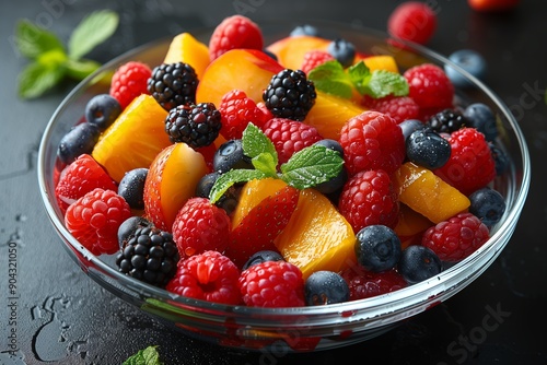 A Colorful Bowl of Fresh Seasonal Berries and Ripe Peaches on a Black Table