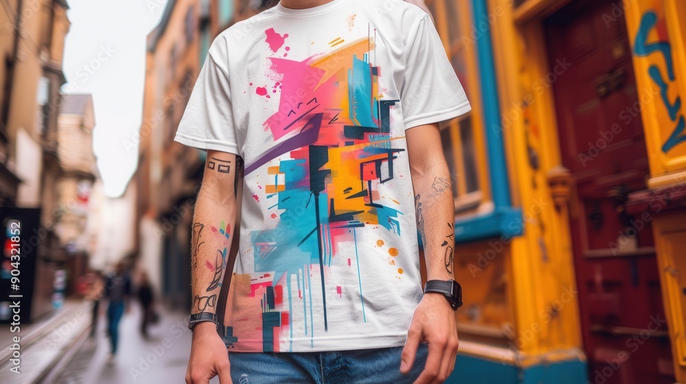 Obraz premium Urban streetwear t-shirt with graffiti elements and negative space --ar 16:9 --stylize 250 Job ID: e093df9b-46e4-49ca-bb96-1ccc0bb19d61