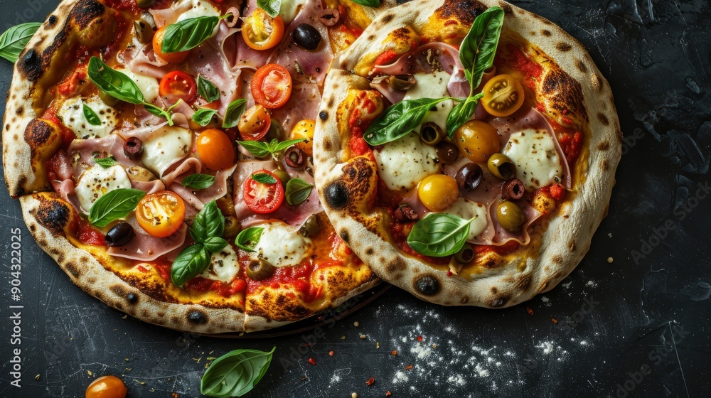 Close up of delicious ham and mozzarella pizza with fresh basil and cherry tomatoes Close up of delicious ham and mozzarella pizza with fresh basil and cherry tomatoes
