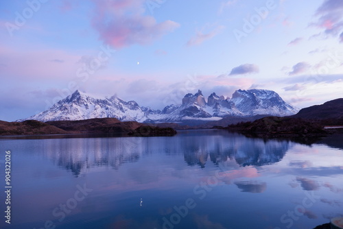 Sunrise at Cordillera Paine seen over Pehoé Lake, Torres del Paine National Park in Chilean Patagonia