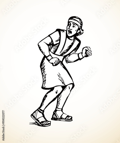 Vector drawing. Adult man flee with fear