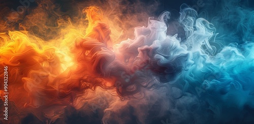 A dynamic pattern of swirling smoke in blues and oranges © DZMITRY