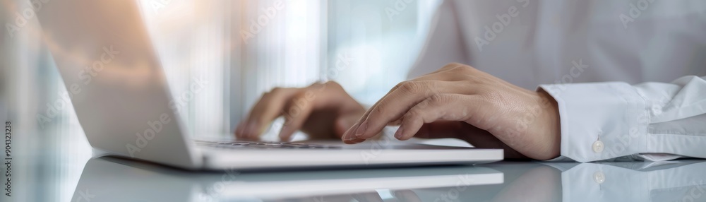 hands typing on a laptop keyboard, showcasing productivity and modern work environment in natural light. hands typing on a laptop keyboard, showcasing productivity and modern work environment in natural light.