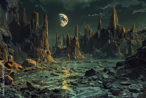 Alien landscape with a glowing moon and mysterious rock formations photo