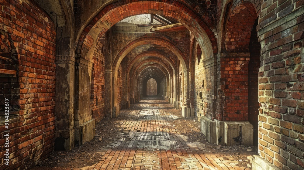 Passageway within a historic brick structure bathed in natural light Passageway within a historic brick structure bathed in natural light