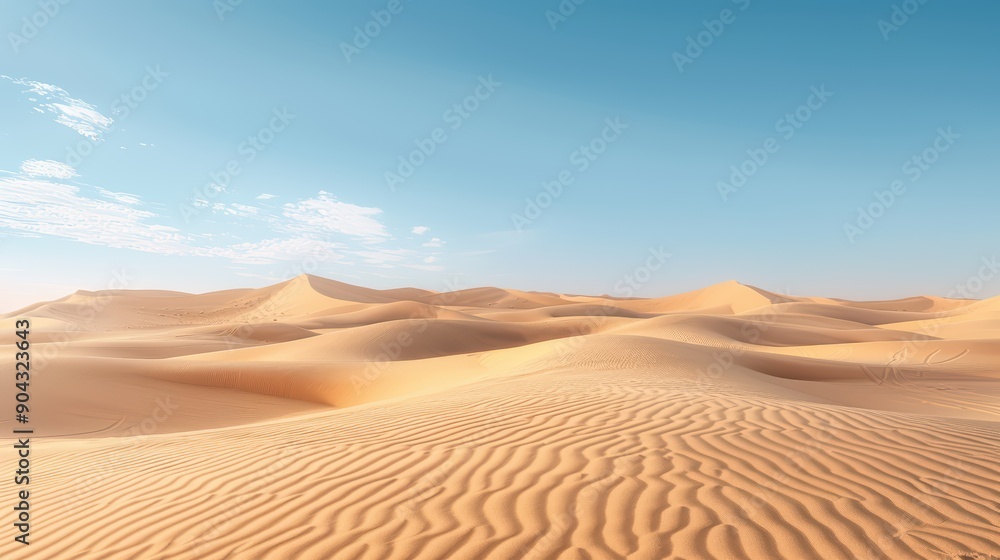 A vast, barren desert landscape with rolling dunes under a clear blue sky A vast, barren desert landscape with rolling dunes under a clear blue sky