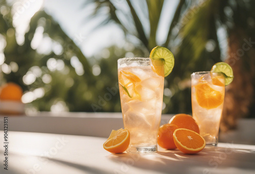 Summer orange cocktails with citrus fruits on white background Hard seltzer lemonade refreshing drin photo