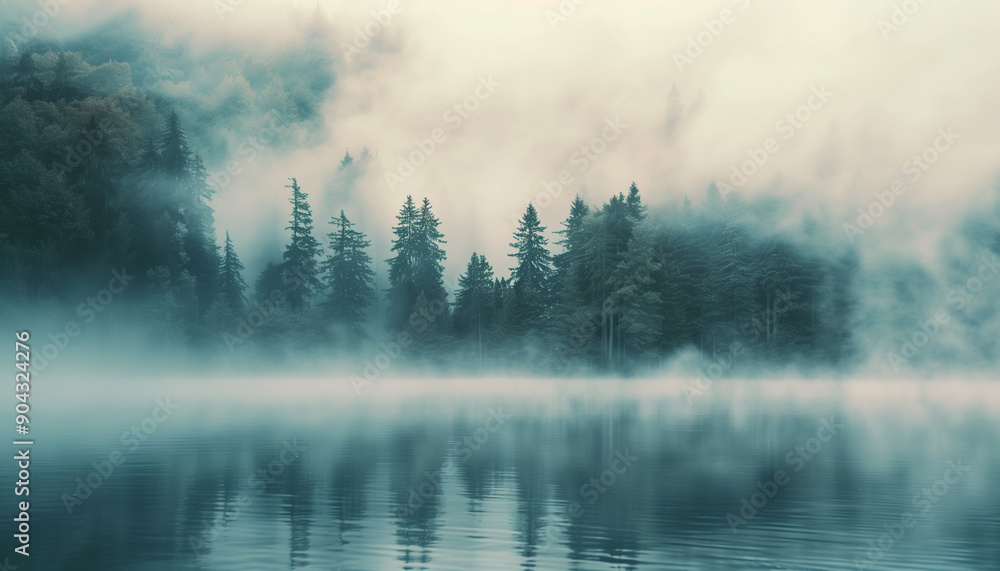 A tranquil misty lake with towering pine trees, embraced by a soft fog, creating a serene and ethereal landscape. A tranquil misty lake with towering pine trees, embraced by a soft fog, creating a serene and ethereal landscape.
