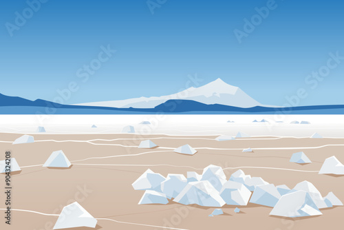 Salt desert. Vector illustration of a landscape of a salt desert, a dried up salt lake, with white rocks and cracked soil. Beautiful landscape of amazing nature.