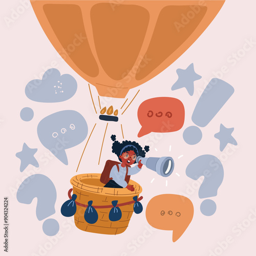 Vector illustration of schoolgirl watching for flying butterfly with telescope. Girl discovers, explores insects with glass. Naturalist looks through spyglass.
