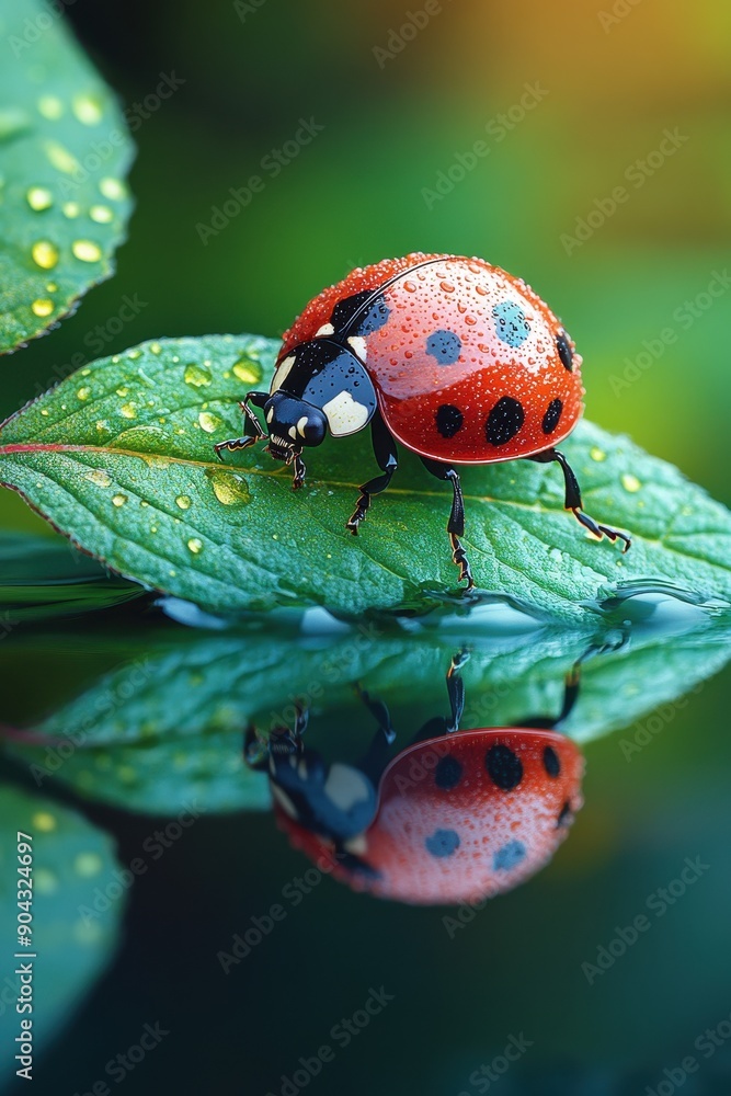 Fototapeta premium Watercolor-Style Photo of Ladybug on Leaf with Water Droplet and Reflection, Green Background, Copy Space for Text