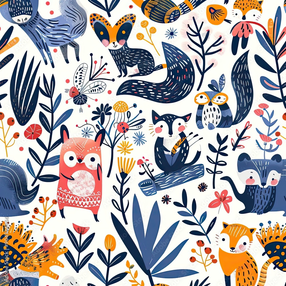 Seamless pattern with playful animals and plants, eco-friendly theme, bright and cheerful colors, nature motifs Seamless pattern with playful animals and plants, eco-friendly theme, bright and cheerful colors, nature motifs