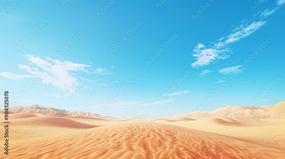 A vast, barren desert landscape with rolling dunes under a clear blue sky A vast, barren desert landscape with rolling dunes under a clear blue sky