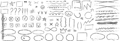 Set of different arrows speech bubbles, symbols, punctuation marks, asterisks, colons, underlines, crossings drawn in red chalk, charcoal or pencil. Vector elements.