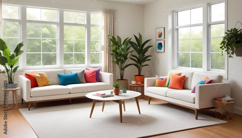 Bright and Airy Living Room with White Sofas and Colorful Cushions Bright and Airy Living Room with White Sofas and Colorful Cushions