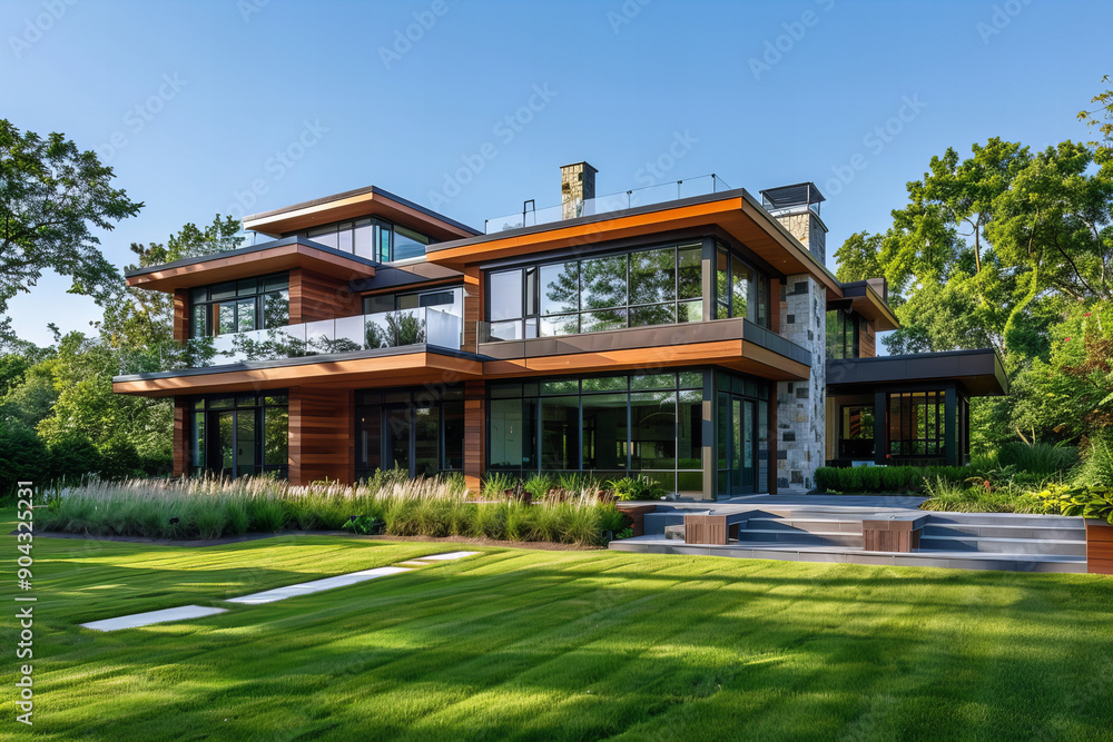 A modern, luxurious two-story house with large glass windows and wooden accents, surrounded by a well-manicured lawn and lush greenery, bathed in natural sunlight A modern, luxurious two-story house with large glass windows and wooden accents, surrounded by a well-manicured lawn and lush greenery, bathed in natural sunlight