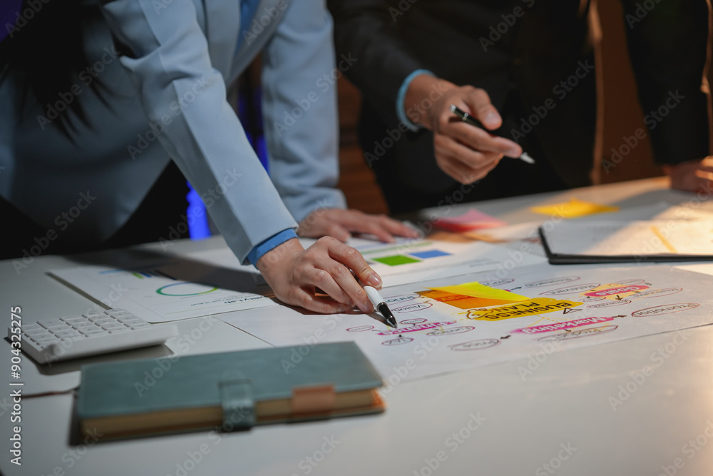 Business team collaborates late at the office, using a mind map to brainstorm and find creative solutions for success Business team collaborates late at the office, using a mind map to brainstorm and find creative solutions for success