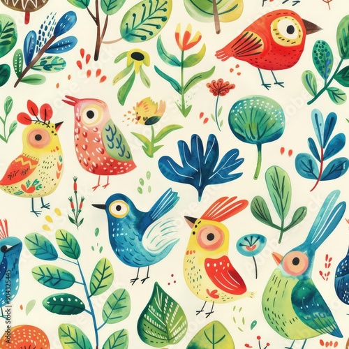 Seamless pattern with eco-friendly icons and playful birds, bright and cheerful, nature motifs, detailed design