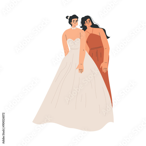 Woman Bride Character in White Wedding Dress with Bridesmaid Standing Vector Illustration
