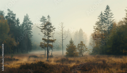 Misty autumn morning in a serene forest with tall pine trees and golden grass, evoking a tranquil and ethereal mood.