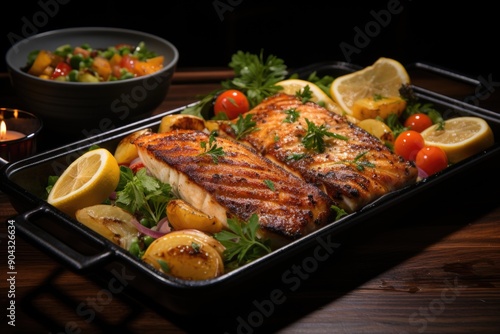 Grilled fish fillet with lemon sticks and vegetables on a black steak plate., generative IA © Gabriel