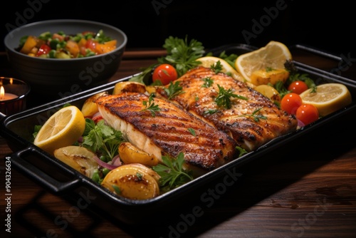 Grilled fish fillet with lemon sticks and vegetables on a black steak plate., generative IA