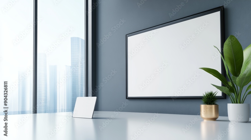 Fototapeta premium A bright and airy meeting room in a tech startup, with a large screen for presentations and team members discussing a project