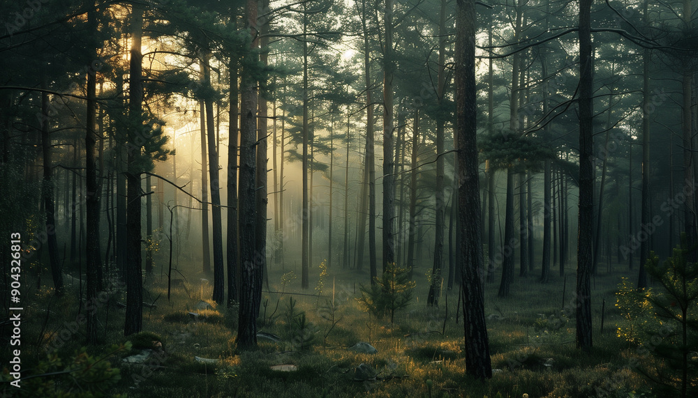 Obraz premium Sunbeams filter through tall trees in a dense, misty forest, creating an ethereal atmosphere during sunrise.