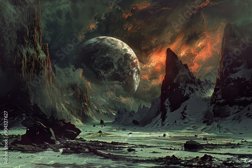 Alien planet landscape with large moon mountains and glowing rocks photo