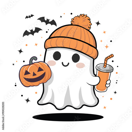 A T-Shirt Design Halloween illustration ghost character with a bright orange knit beanie and a simple, cheerful face The ghost is holding Drink and pumpkin