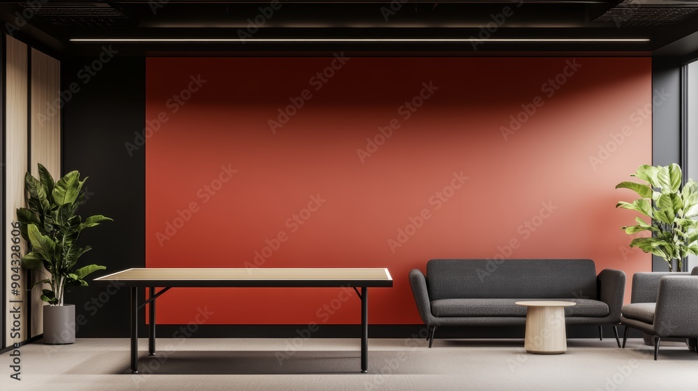 A stylish break room in a startup office, with a ping-pong table, coffee machine, and comfortable seating, high-resolution photo, realistic photo A stylish break room in a startup office, with a ping-pong table, coffee machine, and comfortable seating, high-resolution photo, realistic photo