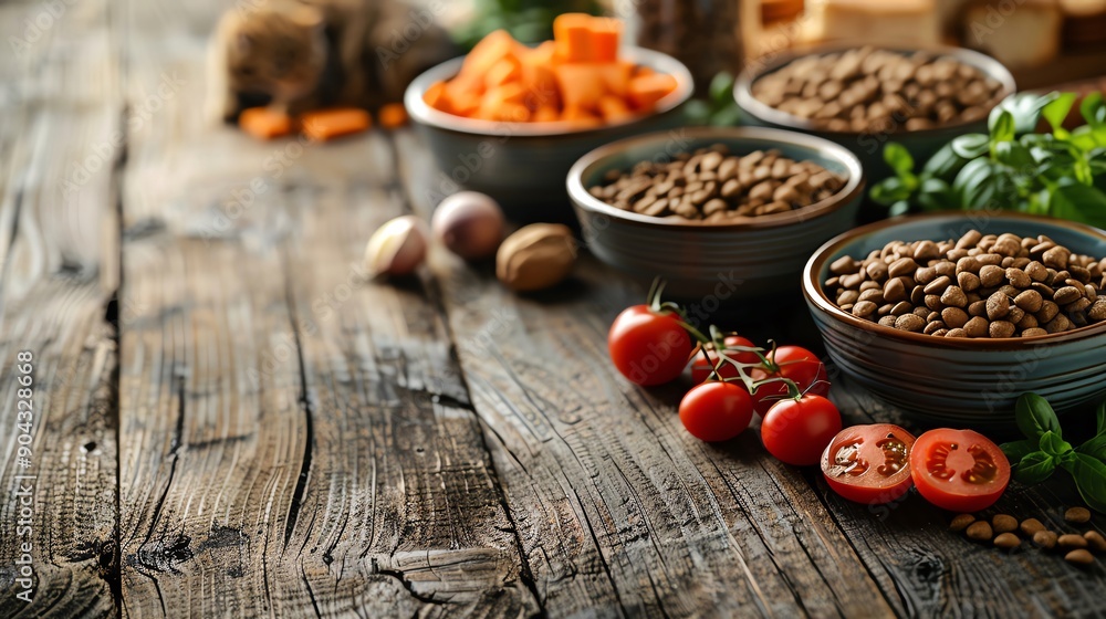 Fototapeta premium Variety of cat treats in a tasting setup on a stylish wooden table with fresh ingredients and playful decor, blank space for text