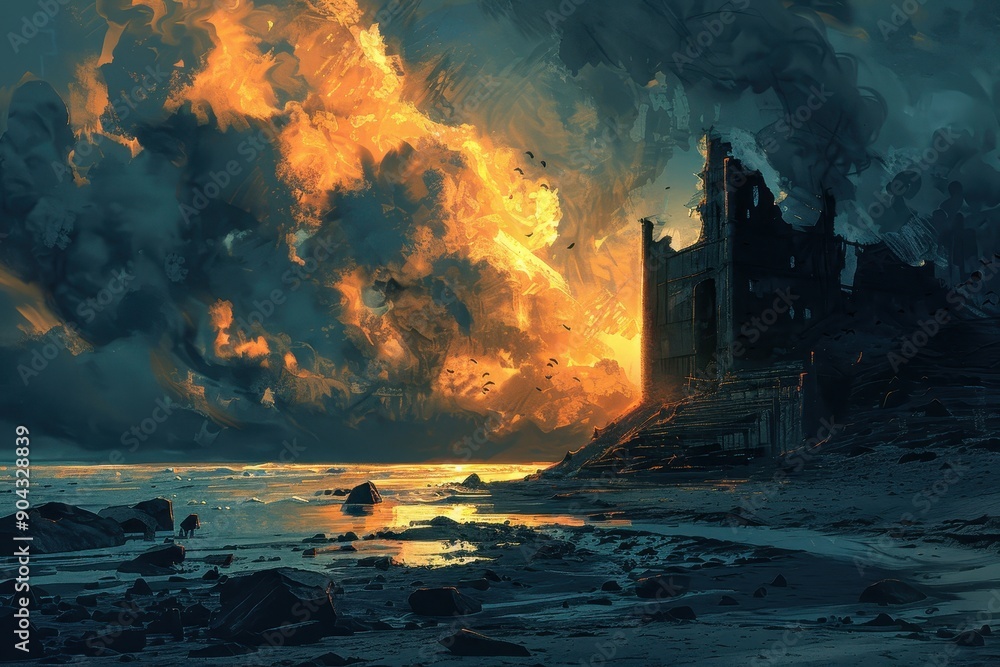 Mysterious castle ruin stands tall amidst stormy sea and fiery sky Mysterious castle ruin stands tall amidst stormy sea and fiery sky