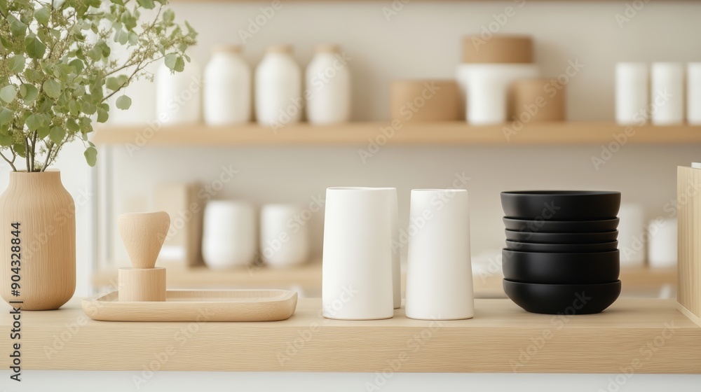 Obraz premium A vibrant retail shop showcasing unique home goods from local startups, with neatly arranged shelves and creative displays, high-resolution photo, realistic photo