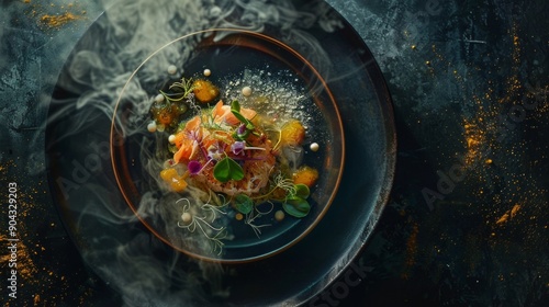 Fototapeta Naklejka Na Ścianę i Meble -  Gourmet dish with vibrant colors and intricate presentation. Fusion cuisine artfully displayed on a black plate, photographed in a top-down view.