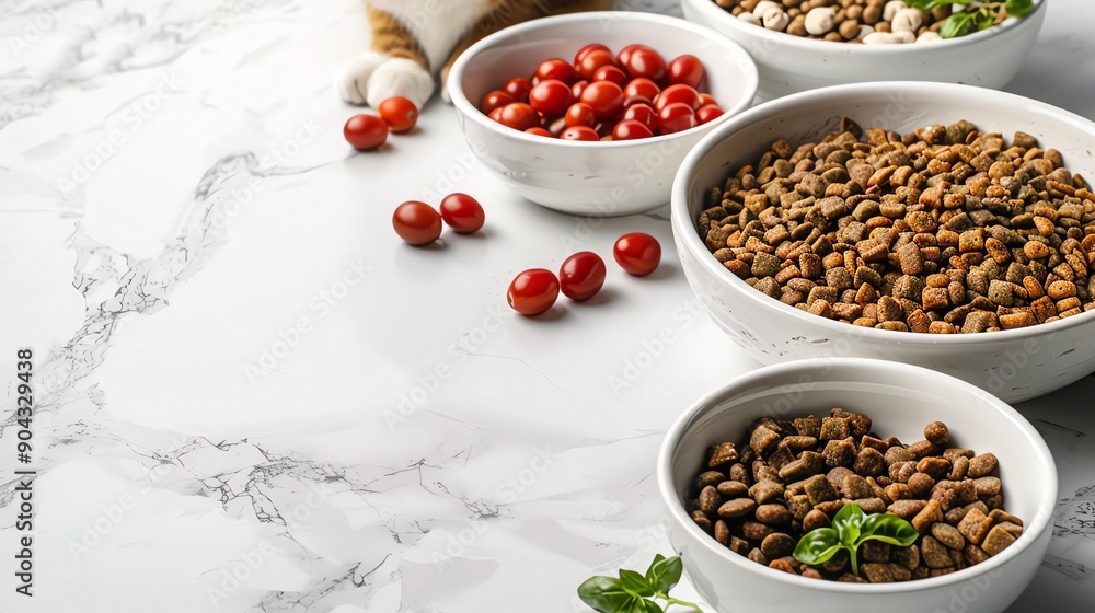 Premium cat food in elegant bowls on a marble countertop with fresh ingredients, blank space for text Premium cat food in elegant bowls on a marble countertop with fresh ingredients, blank space for text