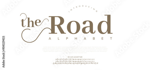 Road Creative modern alphabet. Dropped stunning font, type for futuristic logo, headline, creative lettering and maxi typography. Minimal style letters with yellow spot. Vector typographic design