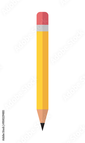 Yellow wooden pencil with rubber eraser. Sharpened detailed office mockup, school instrument, creativity, idea, education and design symbol. Isolated illustration on white background. Pencil icon.