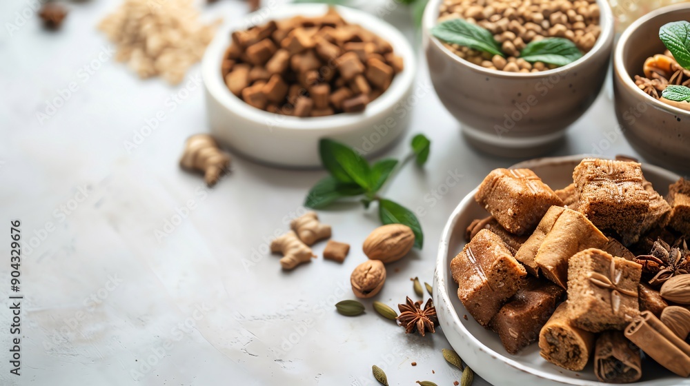 Obraz premium Premium dog treats in a stylish setup with elegant elements and fresh ingredients, blank space for text