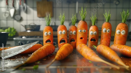 Terrified Carrots On A Kitchen Counter
