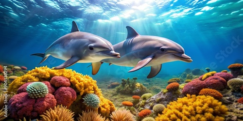 Fototapeta Naklejka Na Ścianę i Meble -  Underwater Harmony Two Dolphins Swimming Through Vibrant Coral Reef, sunlight , ocean , dolphin , coral reef