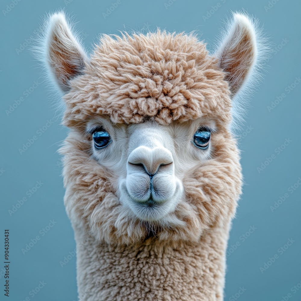 Obraz premium Portrait of a Funny Alpaca with a Quirky Expression on Solid Blue Background, Minimalist Style, Soft Pastel Colors, Simple Design, Humorous Animal Photograph