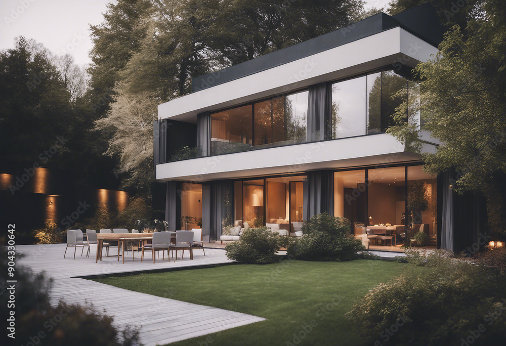 View of luxurious modern house exterior with dining space and garden View of luxurious modern house exterior with dining space and garden