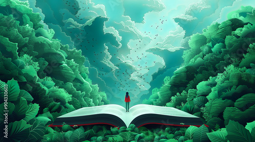 Business people exploring an open book with colorful abstract nature growing from the pages