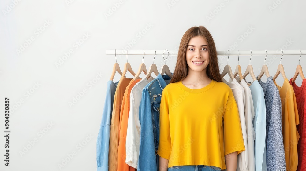 A row of clothes hanging on a rack with hats on the rack