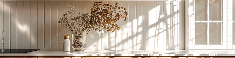 Elegant dried flowers on table, white cabinets, wooden elements, cozy daylight, shadow play, home decor presentation. Elegant dried flowers on table, white cabinets, wooden elements, cozy daylight, shadow play, home decor presentation.