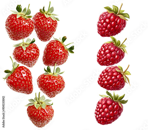 Vibrant red strawberries dance in sweet summer pattern, juicy and fresh fruit delight photo