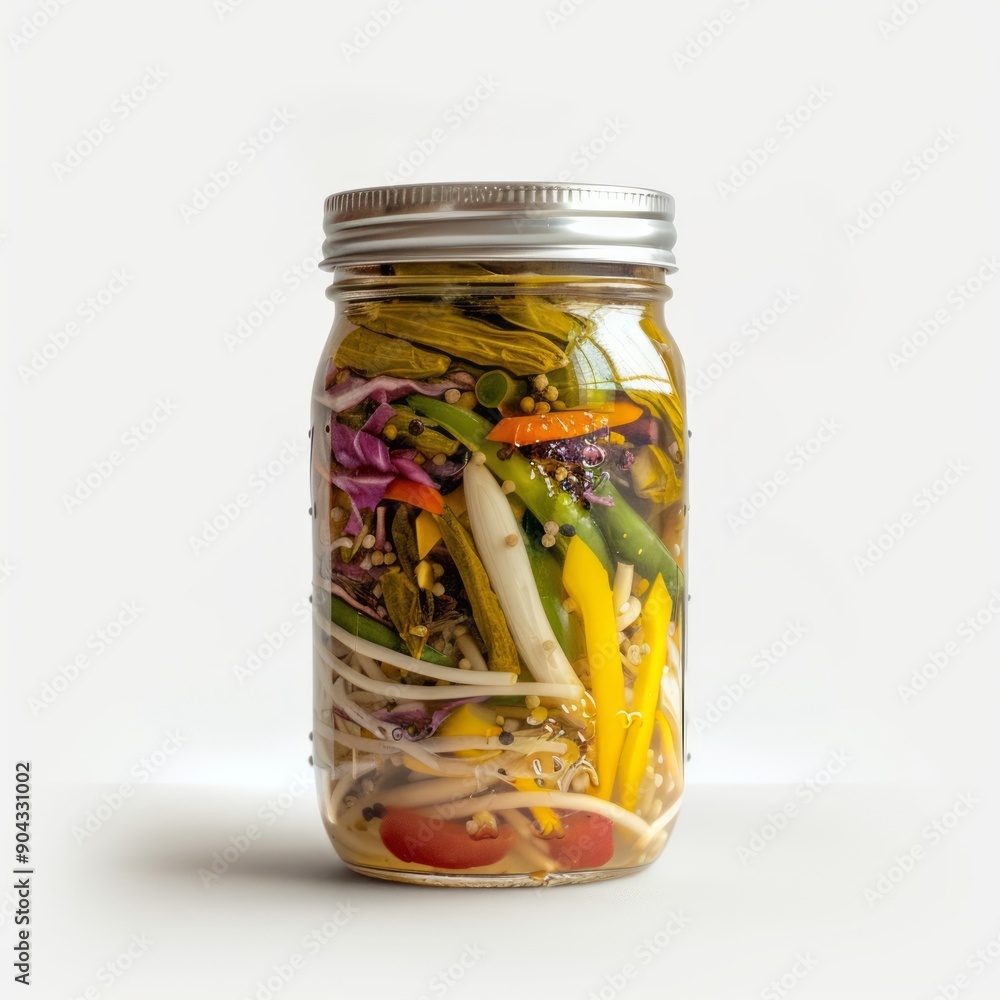 Medium shot of Preserved vegetables in the jar, isolated on a white background, Medium shot of Preserved vegetables in the jar, isolated on a white background,