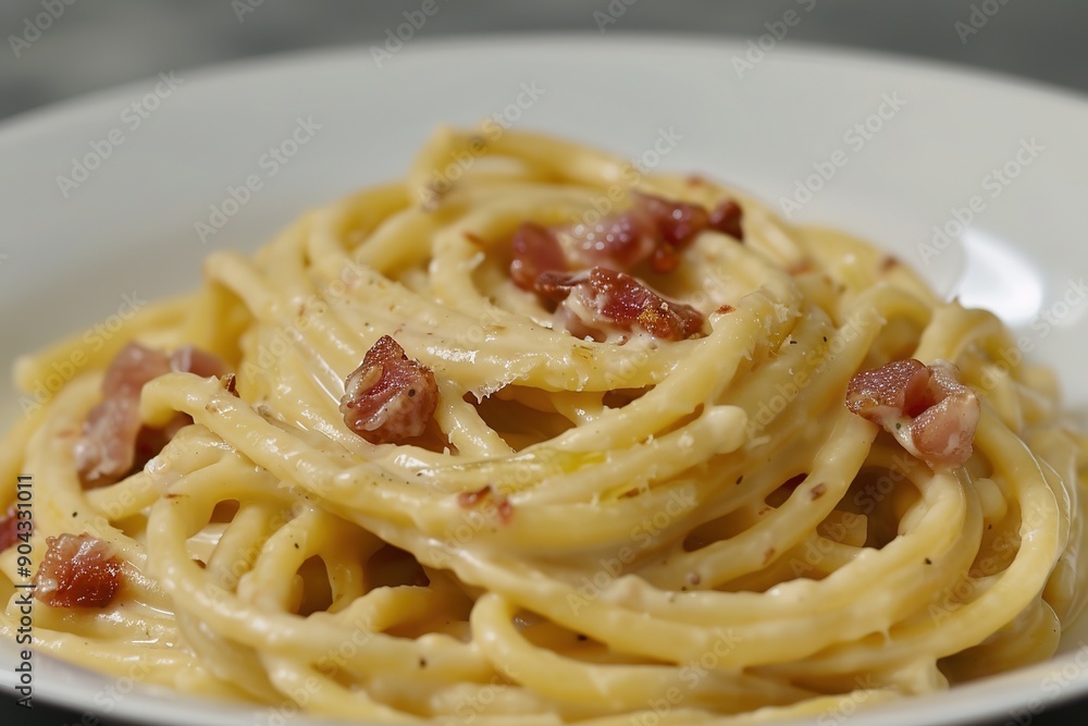 Creamy spaghetti carbonara with bacon on plate. Creamy spaghetti carbonara with bacon on plate.