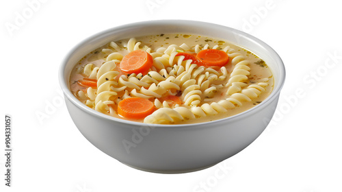 Yummy chicken noodle soup with carrots served in a white bowl against a see-through background photo